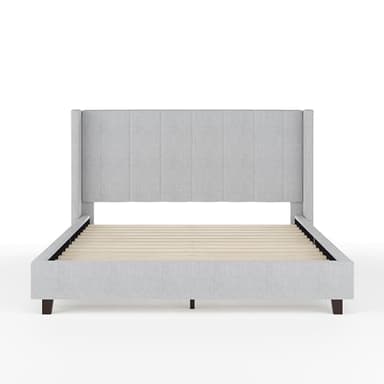 Martha Stewart Kay Low Profile Platform Bed with Wingback Headboard, Channel Stitched Faux Linen Upholstery, No Box Spring Needed, Queen, Gray - Image 9