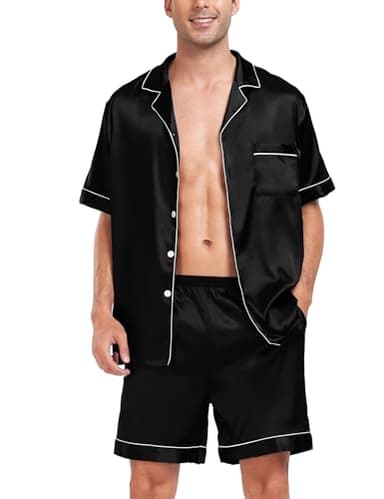 SWOMOG Men Satin Silk Pajamas Sets Short Sleeve Sleepwear Button-Down PJs Sets Two-Pieces Loungewear with Pockets Black - Image 1