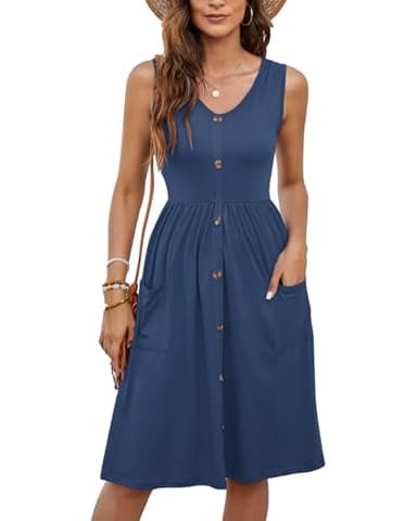 MOLERANI Women Summer Dresses Sleeveless Casual Loose Swing Button Down Midi Dress with Pockets(Navy Blue,L) - Image 4
