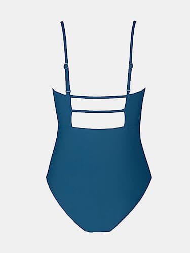 CUPSHE Women's One Piece Swimsuit Square Neck Cutout Back Tummy Control Adjustable Straps Striped Swimwear, L Dark Blue - Image 5