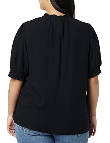 Amazon Essentials Women's Fluid Twill Short Puff Sleeve Smock Detail Shirt, Black, Medium - Image 4