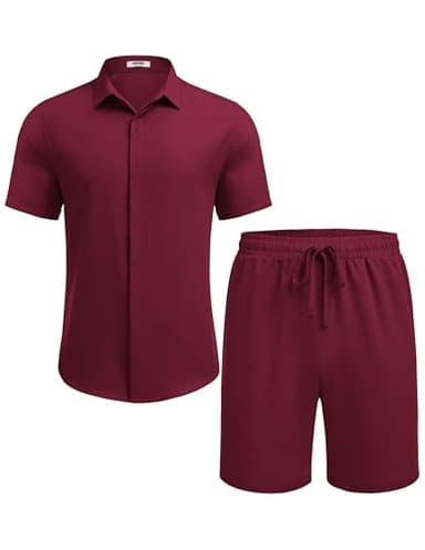 COOFANDY Men's Summer Beach Outfits 2 Piece Short Sleeve Shirts and Shorts Vacation Texture Linen Sets for Men,Wine Red,S - Image 4