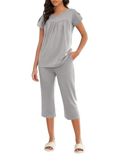 Ekouaer Capri Cotton Pajama Sets Short Sleeve Pleated Top and Pants 2 Piece Pjs Sleepwear with Pockets for Women Light Gray XL - Image 1