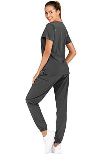 Minty Mint Women's Petite Size Easy Wear Fit Lightweight Durable Solid Stretch Medical Scrubs Sets V Neck Top Slim Jogger Pants Medical Professional Grey PS - Image 3