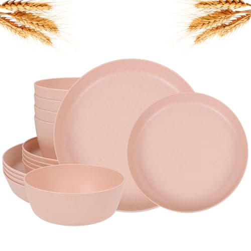 EI 12pcs Pink Wheat Straw Plates,Wheat Straw Dinnerware Set for 4,Plates and Bowls Sets,Plastic Plate Reusable,Unbreakable Plastic Plate Melamine,Camping Family Dishes Set - Image 1