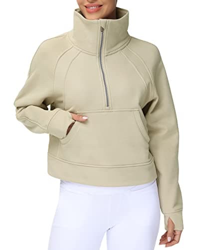 THE GYM PEOPLE Women's Half Zip Pullover Sweatshirt Fleece Stand Collar Crop Sweatshirt with Pockets Thumb Hole Khaki - Image 1