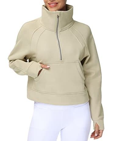 THE GYM PEOPLE Women's Half Zip Pullover Sweatshirt Fleece Stand Collar Crop Sweatshirt with Pockets Thumb Hole Khaki - Image 1