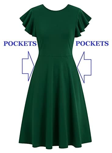 HELYO Wedding Guest Dresses for Womens Elegant Ruffle Sleeves V-Back A-Line Cocktail Party Semi Formal Dress with Pockets 842 Dark Green L - Image 6