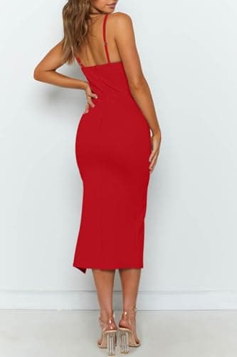 OWIN Women's Summer Dress 2025 Sexy Spaghetti Straps Sleeveless High Waist Split Midi Bodycon Cocktail Party Dress Red M - Image 4
