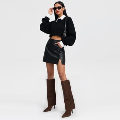 VIUGJNEX Chocolate Fold Over Knee High Boots Chocolate Boots for Women Knee High Boots Women Pointed Stiletto Heeled Tall Boots Size 7.5 - Image 3