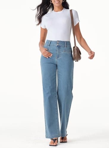 Sidefeel Women's Wide Leg Jeans High Waisted Straight Leg Stretchy Zimbaplatinum Trendy Loose Denim Pants Blue Size 12 - Image 4