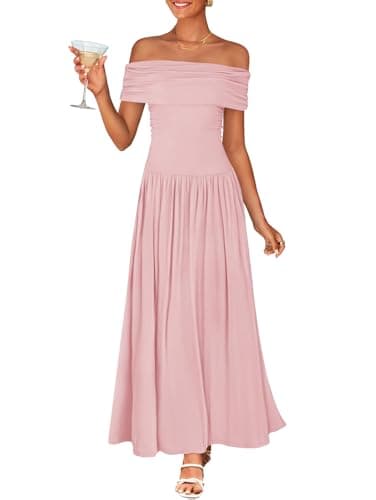 ZESICA Women's Off The Shoulder Maxi Dress 2025 Summer Sleeveless Casual Slim Swing Pleated Formal Party Dresses,Pink,Small - Image 1