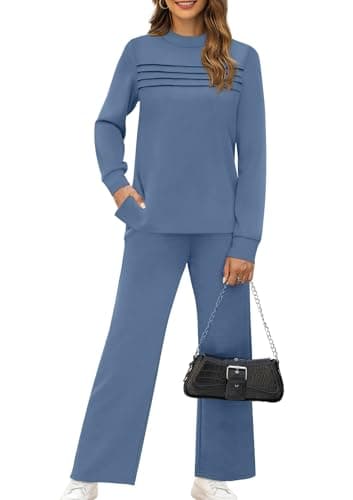 Fall Outfits for Women 2025 Two Piece Lounge Sets Fashion Business Casual Outfits Womens Clothes Comfy Workout Sets Athleisure Pajamas Loungewear Winter Clothing Mock Neck Break Sweatsuits Blue L - Image 2