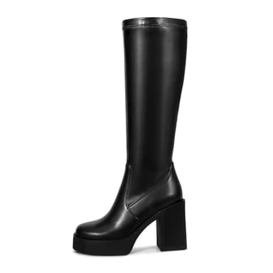 wetkiss Platform Side Zipper Knee High Boots Women Black Block Boots for Women Tall Long Platform Heel Boot Gogo Chunky Stretchy Boot Round Toe Black Size 10 - Image 2