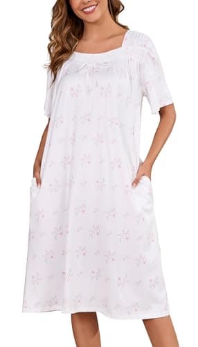 Kabento Short Sleeve Houe Dresses for Women with Pockets, White Pink Flowers, Large - Image 1