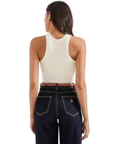 SUUKSESS Women Padded Cotton Ribbed Tank Tops 2025 Sleeveless High Neck Racerback Basic Tops(Cream White, M) - Image 4