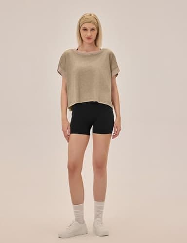 UNIANKIYA Open Back Workout Tops for Women Loose Fit Athletic Crop Tee Short Sleeve Gym Running Yoga Shirt Taupe - Image 3