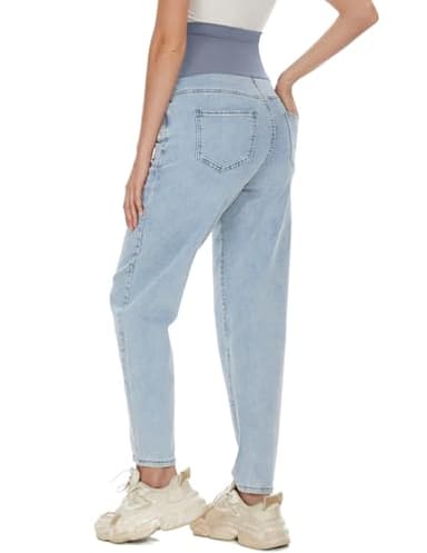 POSHGLAM Women's Maternity Jeans Over Belly Comfy Stretch 28'' Boyfriend Jeans Loose Pregnancy Pants(Light Blue, Medium) - Image 5