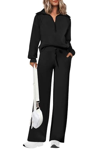 PRETTYGARDEN Women's 2025 Fall Lounge Sets Casual Half Zip Sweatshirt and Wide Leg Pants 2 Piece Outfits Sweatsuit (Black,X-Large) - Image 1