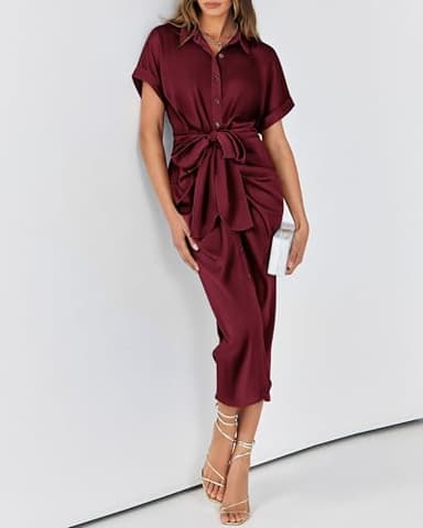 BTFBM Women Button Down Ruched Shirt Dresses Satin Short Sleeve Lapel V Neck Summer Maxi Dress 2025 Party Wedding Guest(Dark Wine Red, Medium) - Image 7