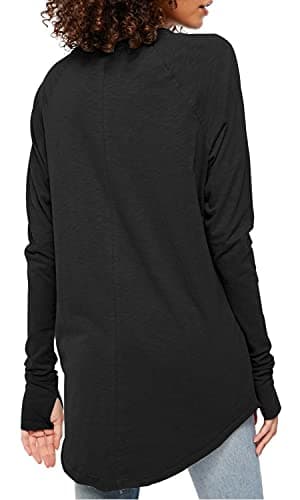 Fisoew Women's Casual Long Sleeve Tops Crew Neck Round Hem Loose T-Shirts Tunic Tops with Thumb Holes Black - Image 2