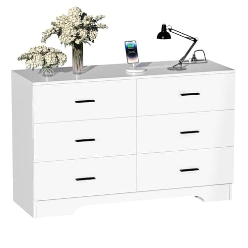 FJTJBSI Dresser with Power Outlets Wooden 6 Drawer Dresser with USB and Type C Port Chest of Drawers for Bedroom Tall White Storage Organizer for Living Room Hallway Closet - Image 1
