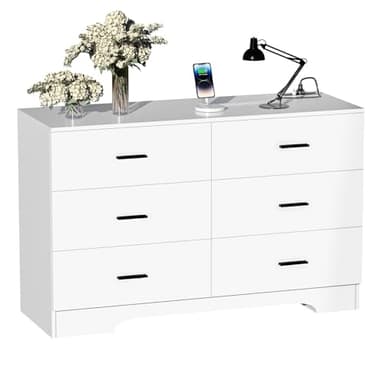 FJTJBSI Dresser with Power Outlets Wooden 6 Drawer Dresser with USB and Type C Port Chest of Drawers for Bedroom Tall White Storage Organizer for Living Room Hallway Closet - Image 1