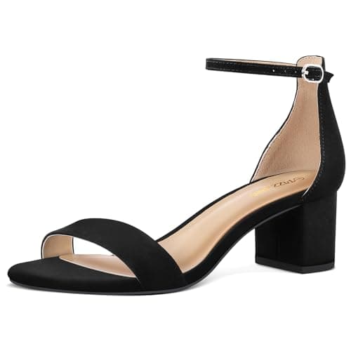 PIZZ ANNU Women's Low Block Chunky Heels Sandals Comfortable Open Toe Ankle Strap Party Dress Pump Shoes Strappy Buckle Heeled Sandal, Black Suede 10 - Image 1