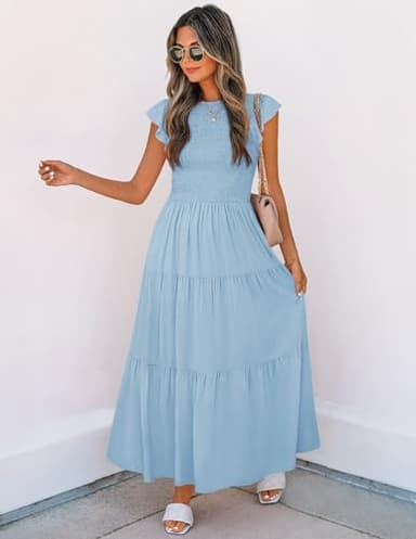 ZESICA Women's 2025 Summer Casual Flutter Short Sleeve Crew Neck Smocked Elastic Waist Tiered Midi Dress,Blue,Large - Image 5