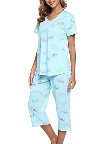 ENJOYNIGHT Womens Pajama Sets Cotton Pj Set Short Sleeve Top With Capri Pants Sleepwear 2 Piece Lounge Set(XX-Large, BL-Butterfly) - Image 1