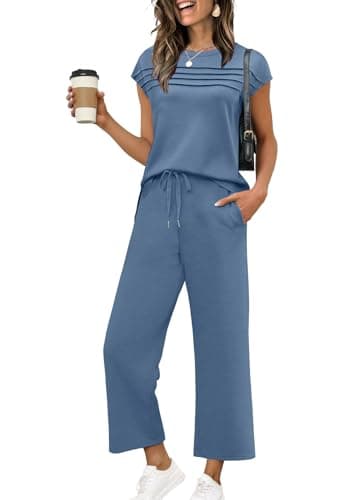 WIHOLL 2 Piece Sets for Women Summer Vacation Airport Cruise Travel Outfits for Airplane 2025 Matching Clothing Trendy Resort Wear Comfy Loungewear Petite Lounge Sets Blue 2XL - Image 1