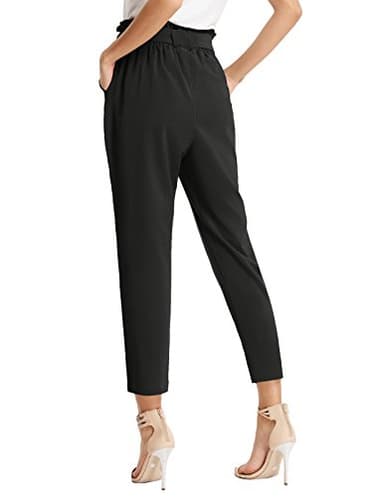 Women's Simple Solid Ruffle Tie Waist Pants with Pockets Black XL - Image 4