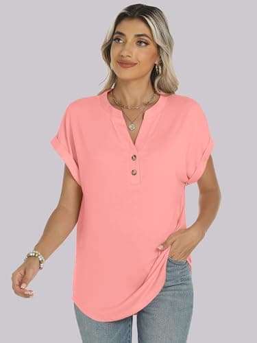 ANRABESS Womens Short Sleeve Henley Tops V Neck Dressy Casual Blouses Summer Trendy Tee Shirts 2025 Vacation Fashion Clothes Coral L - Image 6
