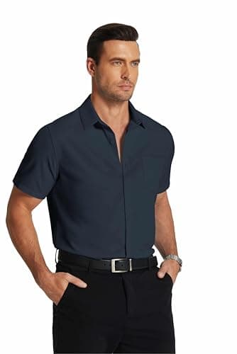 COOFANDY Men's Regular Fit Dress Shirts Wrinkle-Free Short Sleeve Casual Button Down Shirt Navy Blue - Image 3