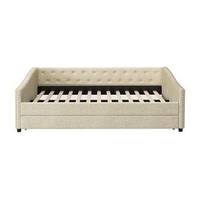 FAVSH Full Size Upholstered Daybed with Trundle,Tufted Sofa Bed w/Button on Back and Piping on Waved Shape Arms for Bedroom Guest Room, No Box Spring Needed,Beige - Image 6