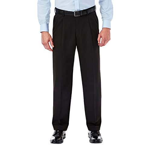 Haggar mens Mynx Gabardine Hidden Expandable Waistband Classic Fit Front Pleated dress pants, Black, 42W x 30L US - Image 1