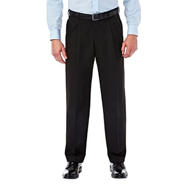 Haggar mens Mynx Gabardine Hidden Expandable Waistband Classic Fit Front Pleated dress pants, Black, 42W x 30L US - Image 1