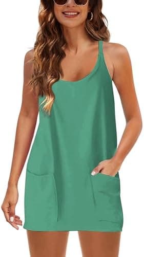 Lentta Womens Athletic Sleeveless Mini Dress with Built-in Shorts V Neck Spaghetti Strap Sundress(Green-M) - Image 5