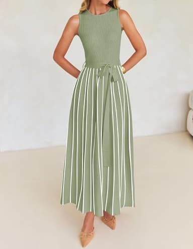 ZESICA Women's Summer Sleeveless Midi Dress 2025 Crewneck Ribbed Knit Tie Waist Casual A Line Swing Dresses,LightGreen,Medium - Image 8
