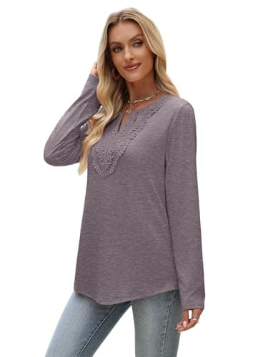 Boho Tops for Women Business Casual Outfits Long Sleeve Shirts V Neck Fall Tops for Women Dressy Blouses Basic Grey Purple L - Image 4