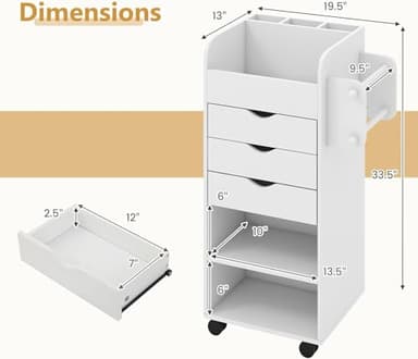 Nightcore Rolling Storage Drawer Cart, Mobile Chest of Drawers, 3 Shelves, 3 Slots, 2 Rolling Rods, Organizer Cabinet w/Lockable Casters, Wide Storage Space for Home Office, Living Room, Study (White) - Image 3