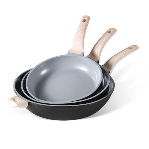 CAROTE Non Stick Frying Pan Set(9.5+11+12.5 Inch) Ceramic Frying Pan Healthy Nonstick Skillet PFOA&PFAS Free -Compatible with All Stovetops Black/Gray - Image 1