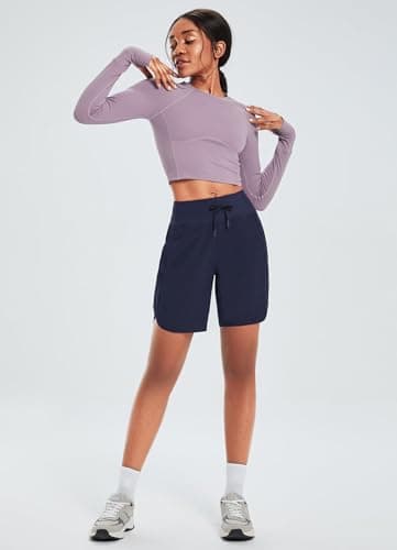 baleaf Women's 7" Long Running Shorts Athletic Workout Gym Quick Dry Hiking Shorts High Waisted Zipper Pocket Navy L - Image 5