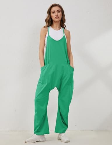 Lentta Women's Causal Jumpsuits V Neck Sleeveless Harem Overalls Stretchy Adjustable Strap Romper with Pockets(Green-M) - Image 3