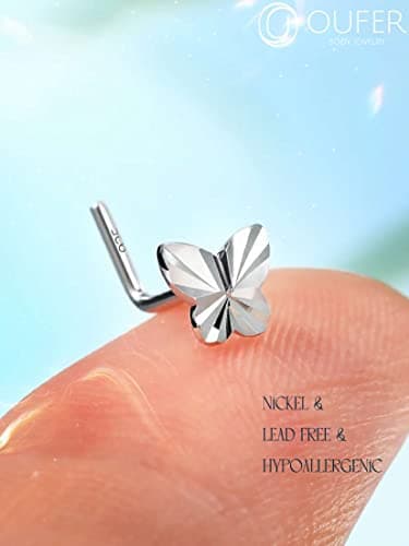 OUFER 925 Sterling Silver Nose Rings Studs, Butterfly Nose Piercing Jewelry, 20g Cute Nose Studs, Nose Piercings, L Shaped Nose Rings For Women - Image 3