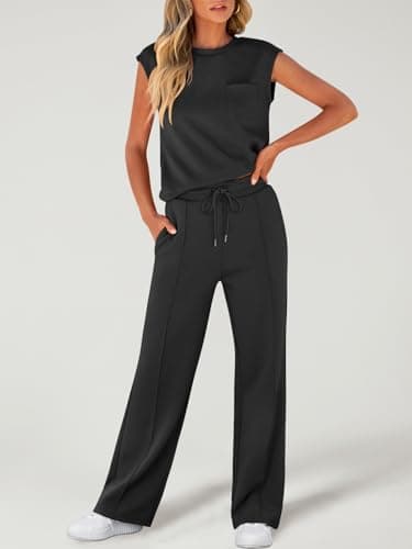 ANRABESS Two Piece Sets for Women Summer Sleeveless Sweatsuits Wide Leg Casual Lounge Set Matching Vacation Travel Outfits Large - Image 3