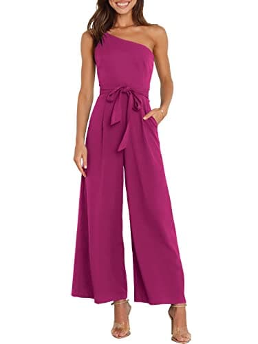 ANRABESS Women Summer Dressy Jumpsuits One Shoulder Sleeveless Casual Wide Leg Pants Romper Jumper 2025 Trendy Fall Outfits Deep Rose Small - Image 1