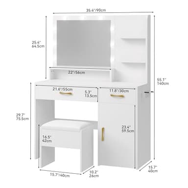 YITAHOME Vanity Desk with Mirror, Makeup Vanity Set with Power Strip, 9 Dimmable Bulbs, Drawers, Cabinet, Shelves, and Stool, 3-Color Adjustable Lighting, Elegant Vanity for Dressing Room, White - Image 2