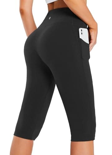 baleaf Capri Leggings for Women High Waisted Capri Pants with Pockets Knee Length Yoga Workout Casual Exercise Black L - Image 1