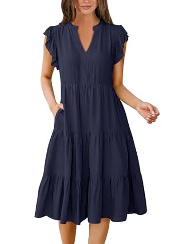 ANRABESS Womens Summer Ruffle Sleeve V Neck Floral Print Midi Dress 2025 Fashion Casual Fit Flowy Tiered Boho Beach Vacation Sundress Deep Navy Blue-S - Image 1